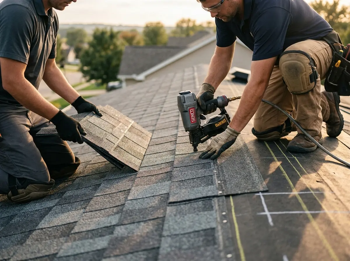 Professional roofer working on a residential roof in Birch Bay